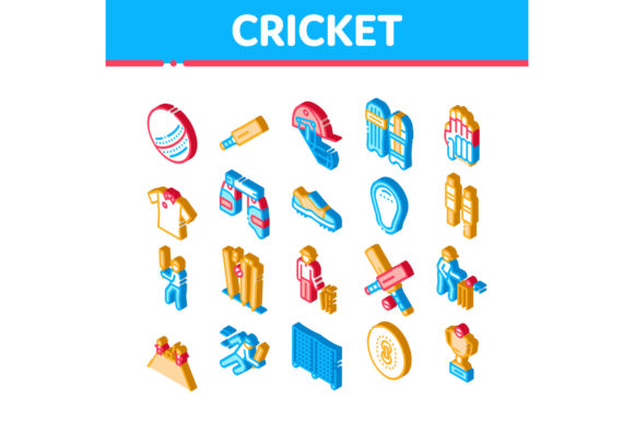 Exploring Cricket Game Isometric Elements Icons Set Vector